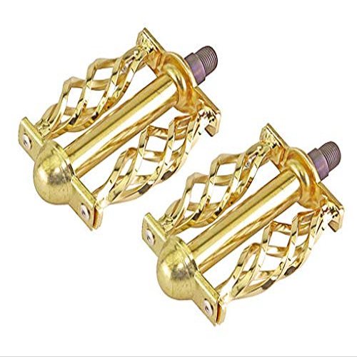 Gold Twisted Bike Pedals with Cage 1/2". Works on 1 Piece cranks. Sold as a Pair. Bike Part for Cruiser, BMX, Lowrider, Trike, Bicycle Parts