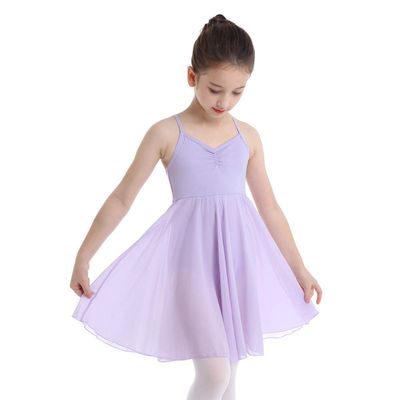 ACSUSS Kids Girls Camisole Ballet Tutu Dress Leotard Gymnastics Dance Bodysuit High Low Chiffon Skirt Dance Costume Lavender 8-10