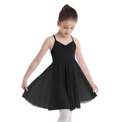 ACSUSS Kids Girls Camisole Ballet Tutu Dress Leotard Gymnastics Dance Bodysuit High Low Chiffon Skirt Dance Costume Black 4-5
