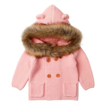 Infant Baby Boys Girls Knitted Cardigan Coat Fall Winter Clothes 0-2 Years Old,Toddler Fur Collar Hooded Warm Top (0-6 Months, Pink)