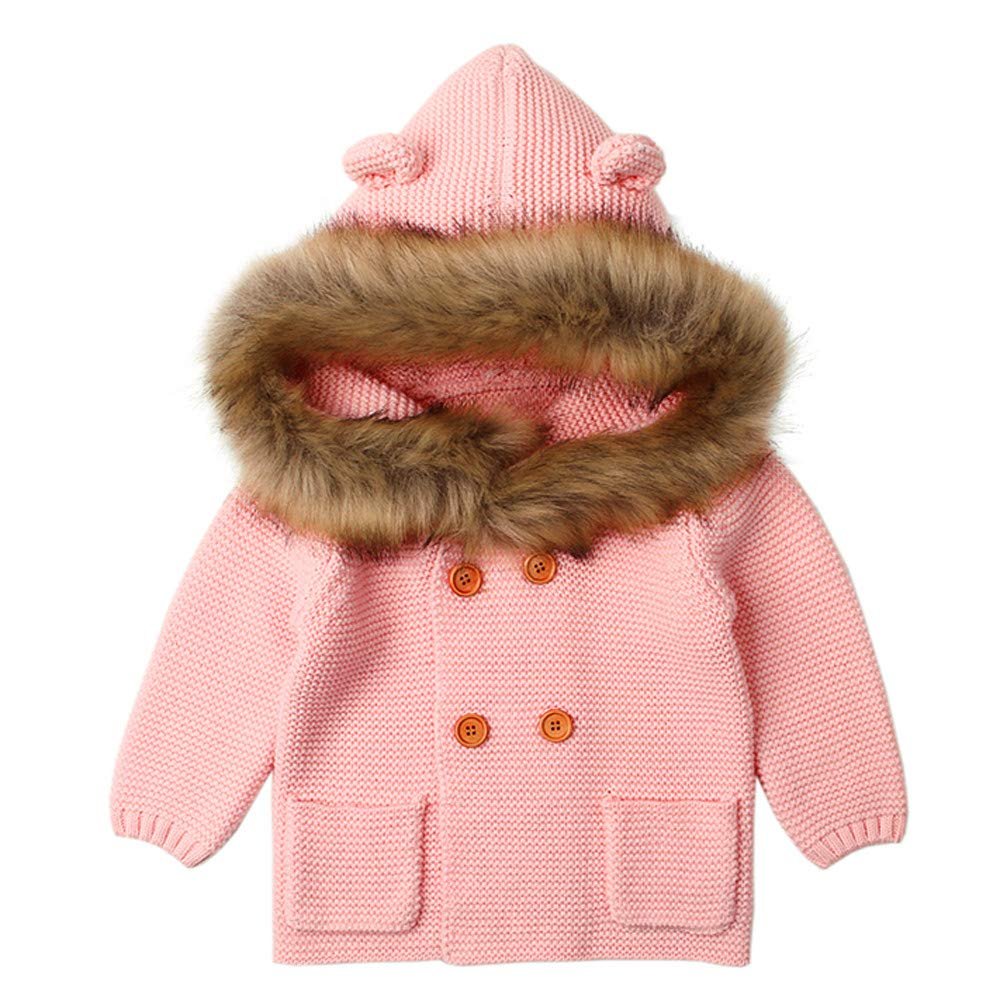 Infant Baby Boys Girls Knitted Cardigan Coat Fall Winter Clothes 0-2 Years Old,Toddler Fur Collar Hooded Warm Top (0-6 Months, Pink)