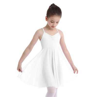 ACSUSS Kids Girls Camisole Ballet Tutu Dress Leotard Gymnastics Dance Bodysuit High Low Chiffon Skirt Dance Costume White 7-8
