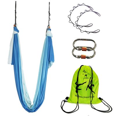 Aerial Yoga Hammock Aerial Pilates Silk Yoga Swing Set include Carabiners daisy Chain, Pose Guide 5.5 yards Set (Blue Sea Color)