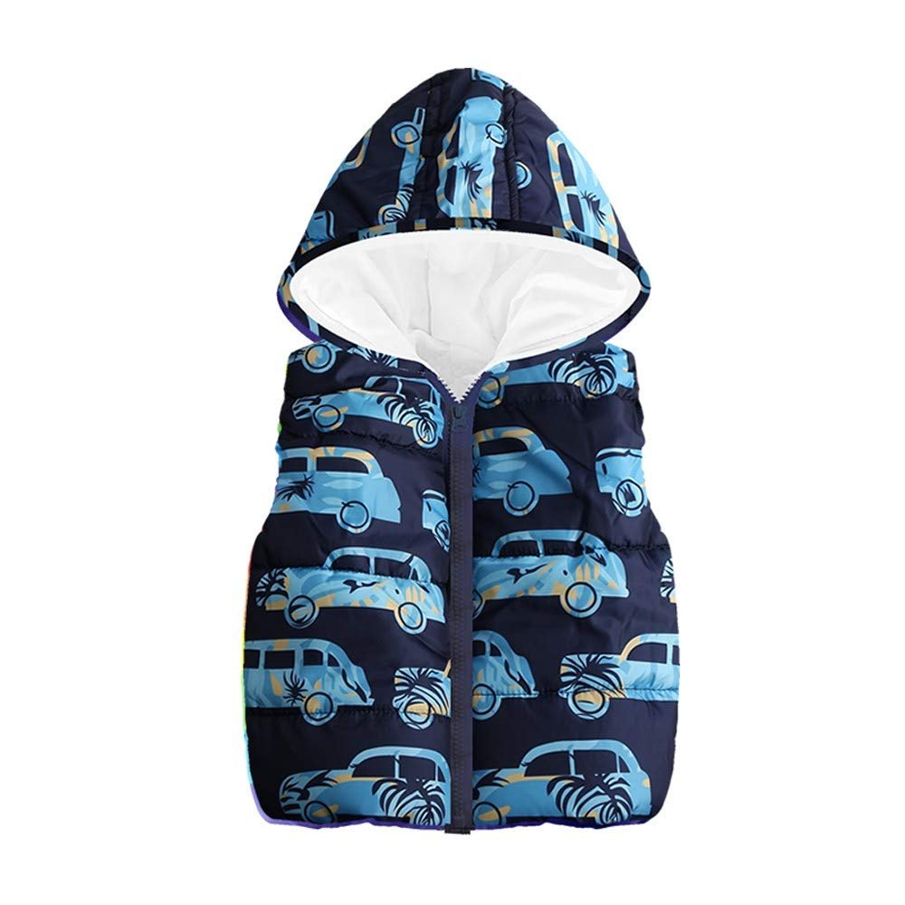 Baby Toddler Boys Girls Waistcoat Fall Winter Warm Jacket 2-6 Years Old,Kid Cartoon Car Print Hooded Zipper Coat (2-3 Years Old, Navy)