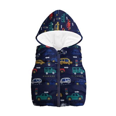 Baby Toddler Boys Girls Waistcoat Fall Winter Warm Jacket 2-6 Years Old,Kid Cartoon Car Print Hooded Zipper Coat (18-24 Months, Dark Blue)