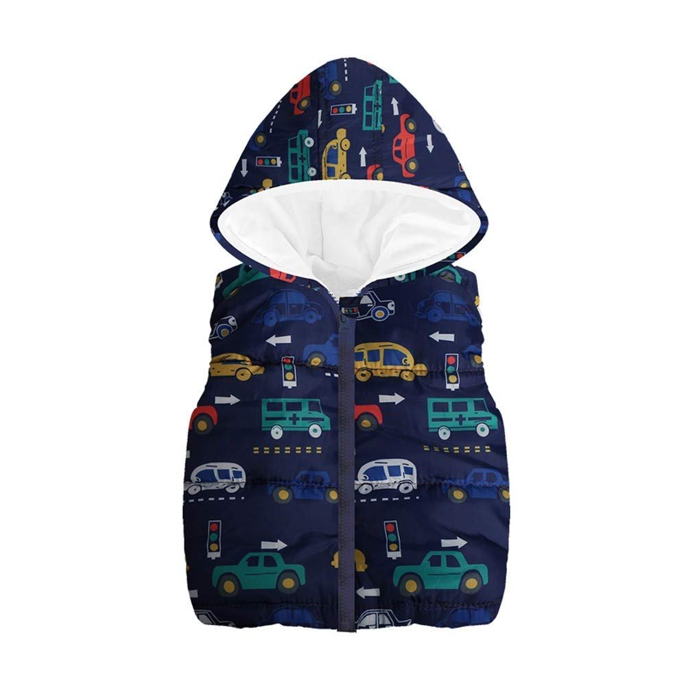 Baby Toddler Boys Girls Waistcoat Fall Winter Warm Jacket 2-6 Years Old,Kid Cartoon Car Print Hooded Zipper Coat (18-24 Months, Dark Blue)