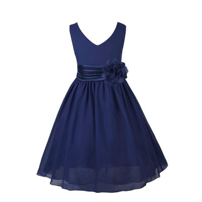 ACSUSS Kids Flower Girls Elegant Sleeveless V-Neck Wedding Bridesmaid Flower Dress Formal Chiffon Dress Ball Gown Navy Blue 6