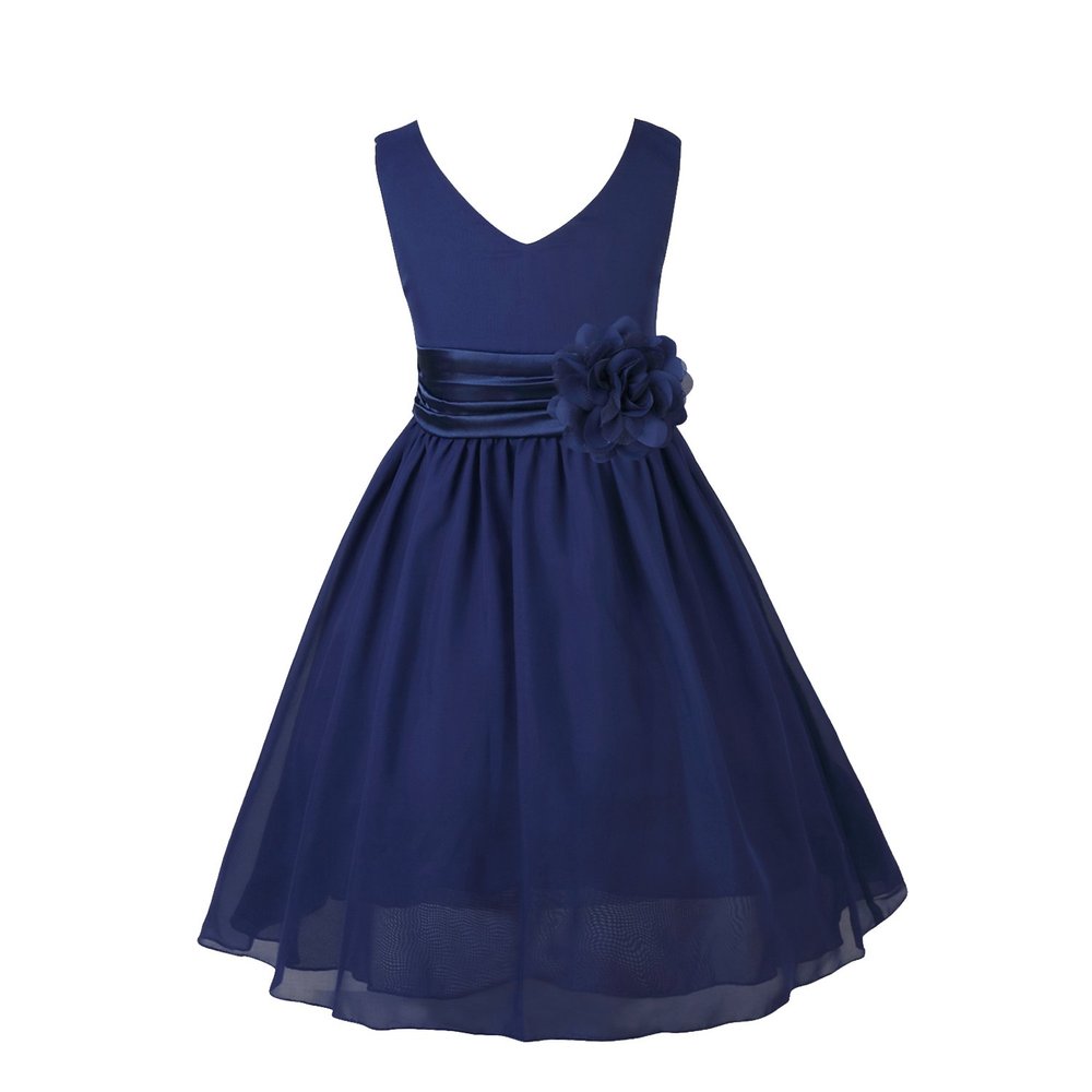 ACSUSS Kids Flower Girls Elegant Sleeveless V-Neck Wedding Bridesmaid Flower Dress Formal Chiffon Dress Ball Gown Navy Blue 6