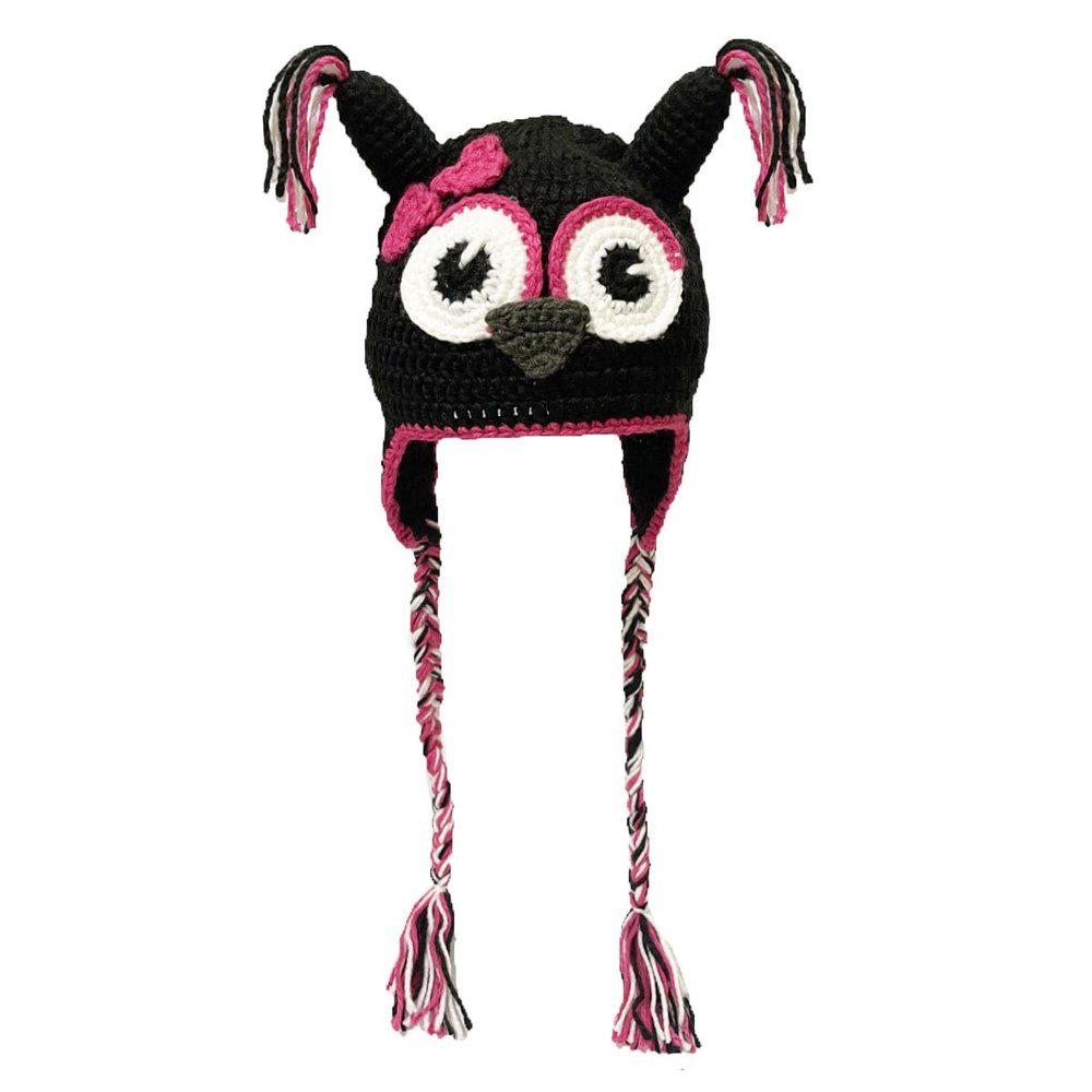 BIBITIME Handmade Knit Owl Bird Hat Crochet Tassel Eyes Ears Braid Earflap Beanie Cap (Black, Head Circumference Small 19"-20")
