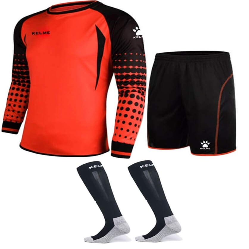 KELME Soccer Goalie Jersey Padded Uniform Kit - Goalkeeper Jersey, Shorts & Socks - Mens Football Padded Shirt - Kids and Adult Sizes (Orange, X-Small)