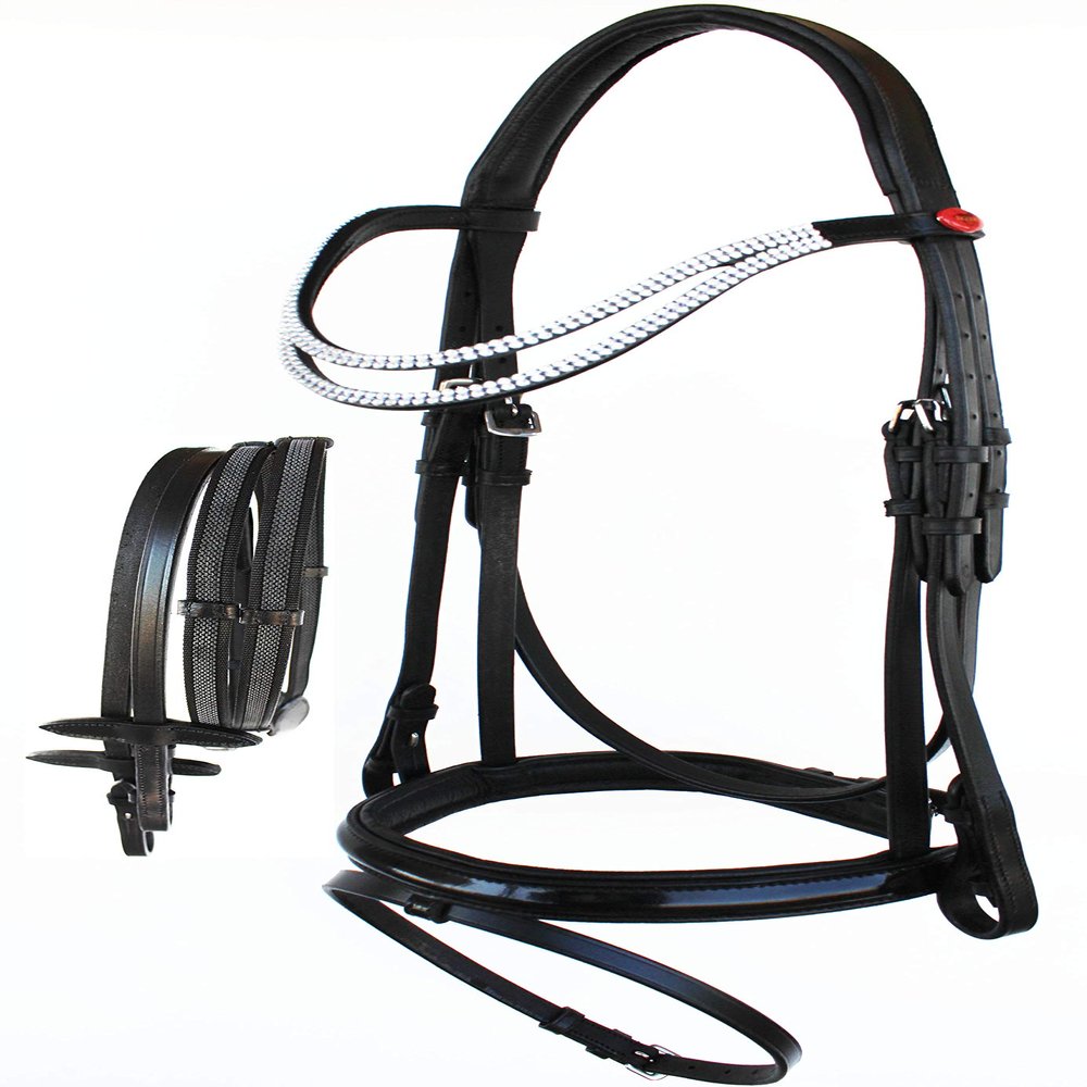 CHALLENGER English Horse COB All Purpose Padded Leather Double Curved Browband Flash Bridle Reins 803477BKC