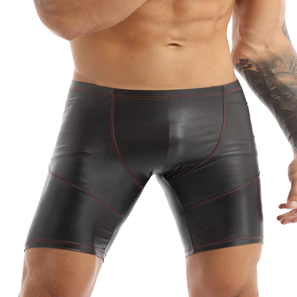 Agoky Men's Faux Leather Boxer Shorts Gym Workout Sportwear Tights Leg Pants Black Medium