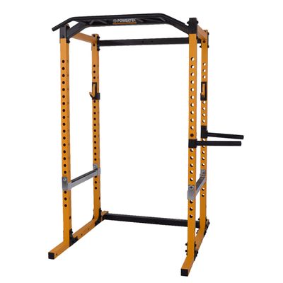PowerTec Workbench Power Rack and Squat Rack, Yellow, 1000 lbs Max Load - Durable Strength Training Equipment with Multi-Grip Bar, Dip Handles, J-Hooks - Power Cage