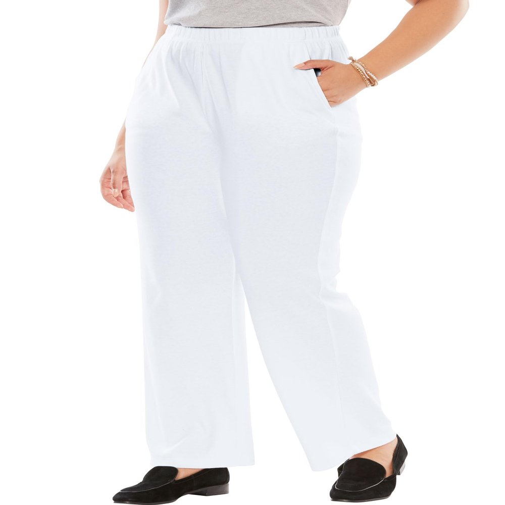 Woman Within Plus Size Tall 7-Day Knit Wide-Leg Pull-On Pants - 2X, White