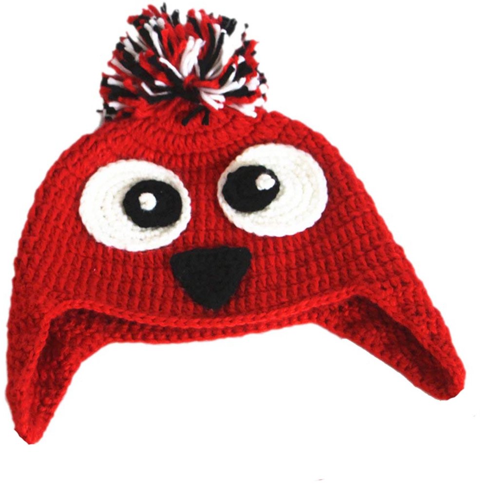 BIBITIME Crochet Knit Owl Hat Pom Beanie Braid Earflap Winter Warm Cap (Red Owl,no Braid, Small)