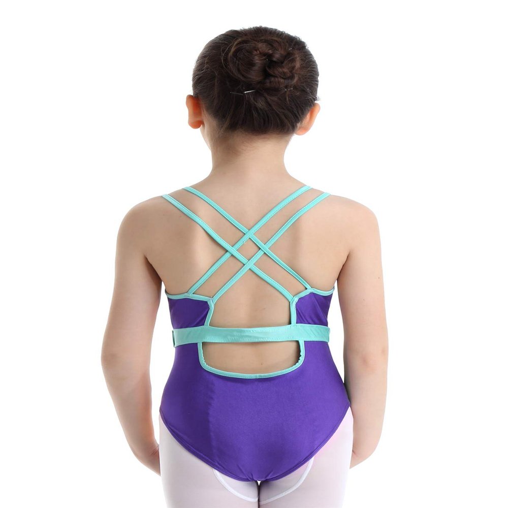 Agoky Girls' Mesh Splice Crisscross Cut Out Back Gymnastics Leotard Ballet Dance Top Athletic Shirt Dancewear Costume Purple # 7-8 Years