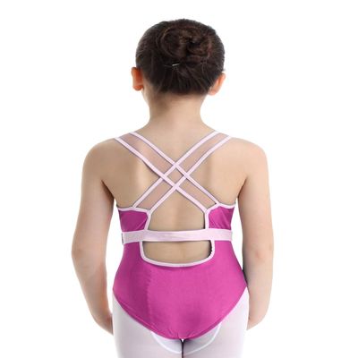 Agoky Girls' Mesh Splice Crisscross Cut Out Back Gymnastics Leotard Ballet Dance Top Athletic Shirt Dancewear Costume Rose Red # 3-4 Years