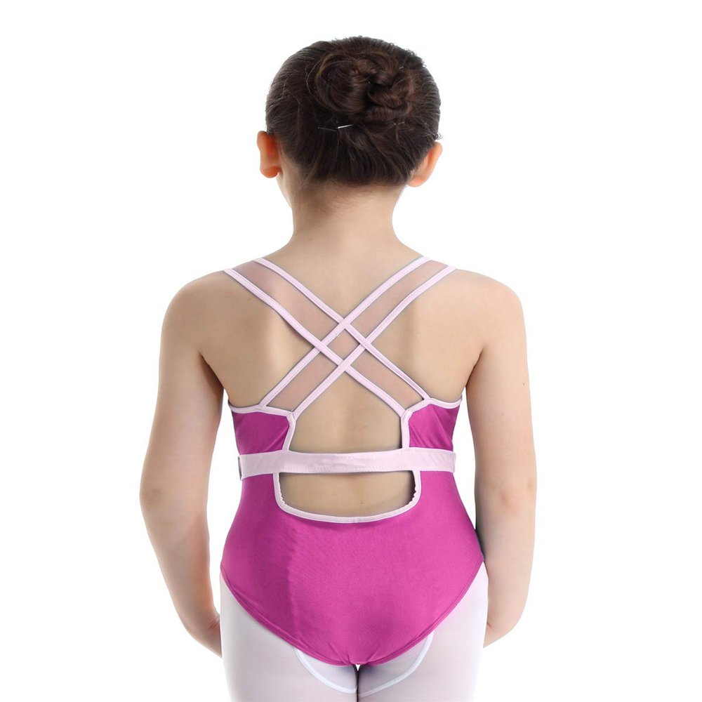 Agoky Girls' Mesh Splice Crisscross Cut Out Back Gymnastics Leotard Ballet Dance Top Athletic Shirt Dancewear Costume Rose Red # 3-4 Years