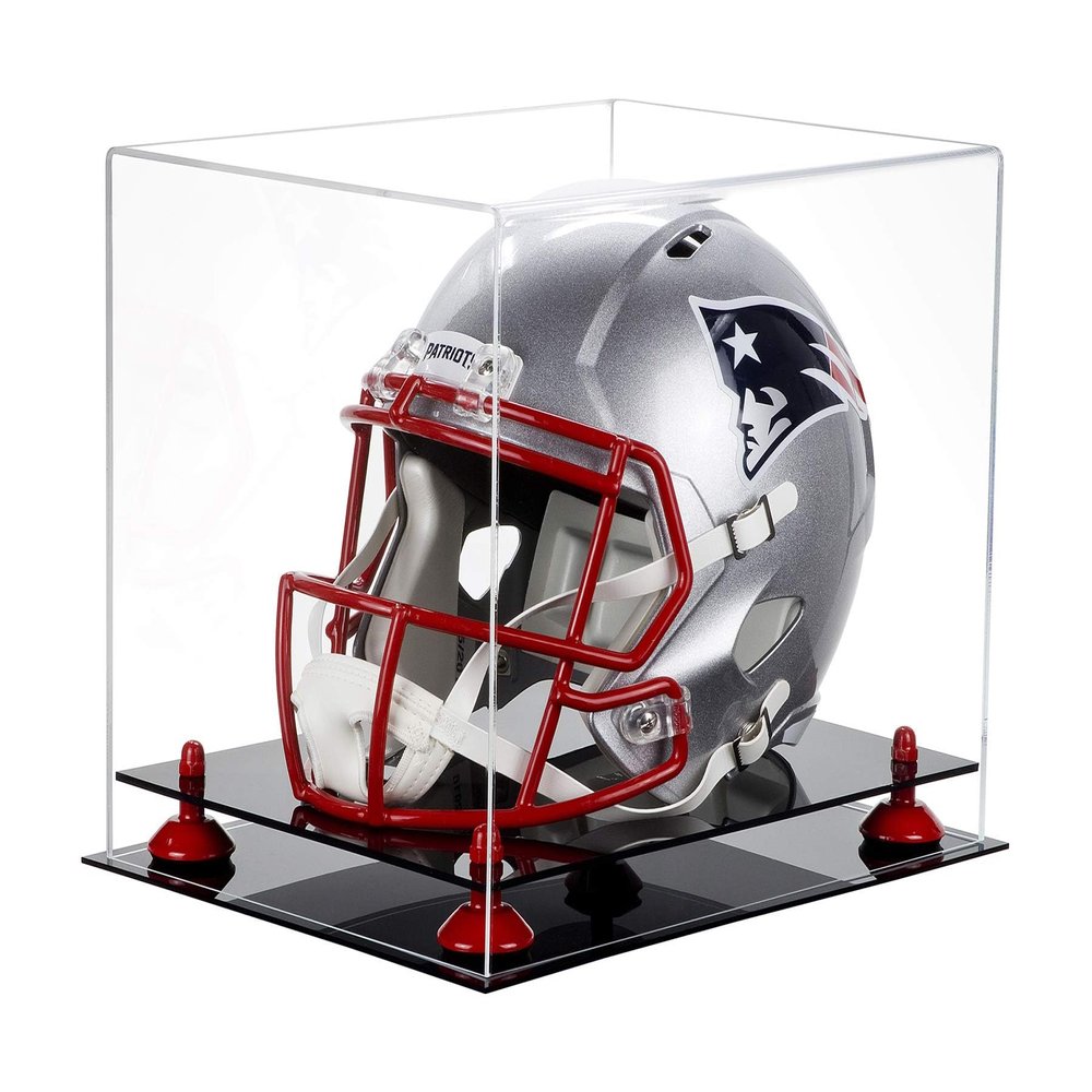 Acrylic Display Case for Full Size Football Helmet Premium Football Display Case with Black Base &Red Risers Protects Sports Memorabilia & Collectibles, Dimension 14.5" L x 11" W x 12" H