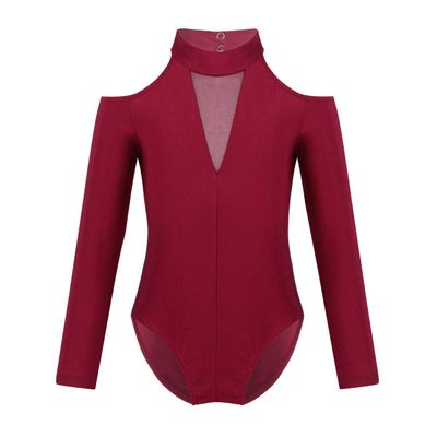 YiZYiF Kids Girls Long Sleeve Off Shoulder Athletic Turtleneck Stretch Dancewear Leotard with Cut Out Back Burgundy 4-5