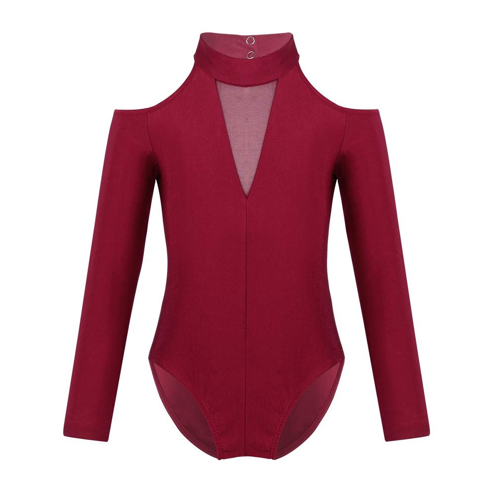 YiZYiF Kids Girls Long Sleeve Off Shoulder Athletic Turtleneck Stretch Dancewear Leotard with Cut Out Back Burgundy 4-5