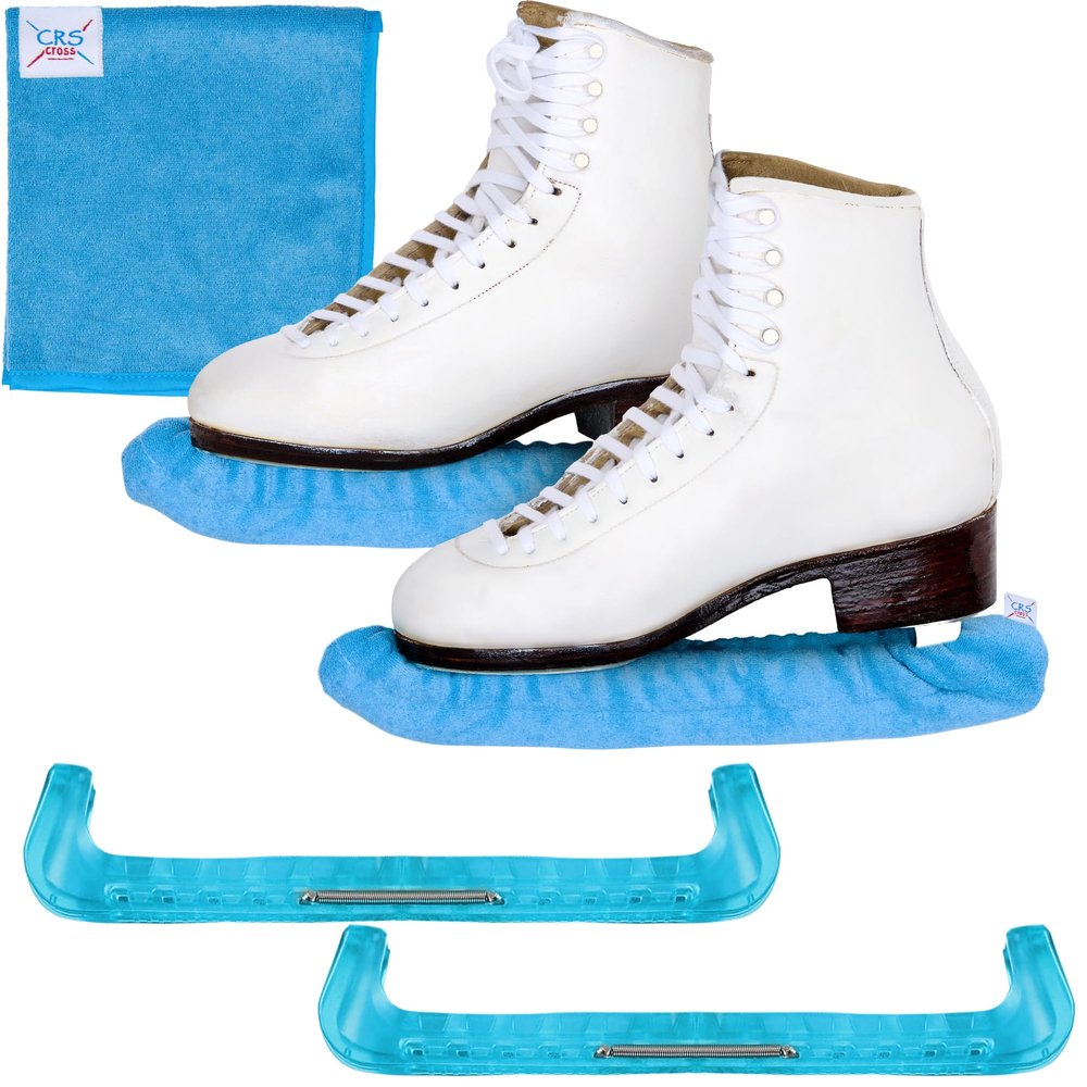 CRS Cross Ice Skate Guards, Soakers and Towel Gift Set. Essential Ice Skating Hard Guard and Soft Skate Blade Cover Accessories for Figure Skating or Hockey (Bracket Blue, Small)