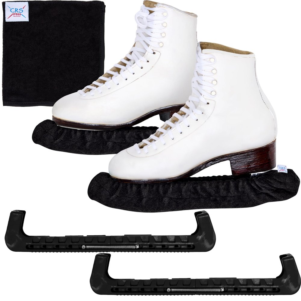 CRS Cross Ice Skate Guards, Soakers and Towel Gift Set. Essential Ice Skating Hard Guard and Soft Skate Blade Cover Accessories for Figure Skating or Hockey (Biellmann Black, Large)