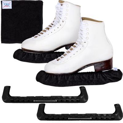 CRS Cross Ice Skate Guards, Soakers and Towel Gift Set. Essential Ice Skating Hard Guard and Soft Skate Blade Cover Accessories for Figure Skating or Hockey (Biellmann Black, Small)