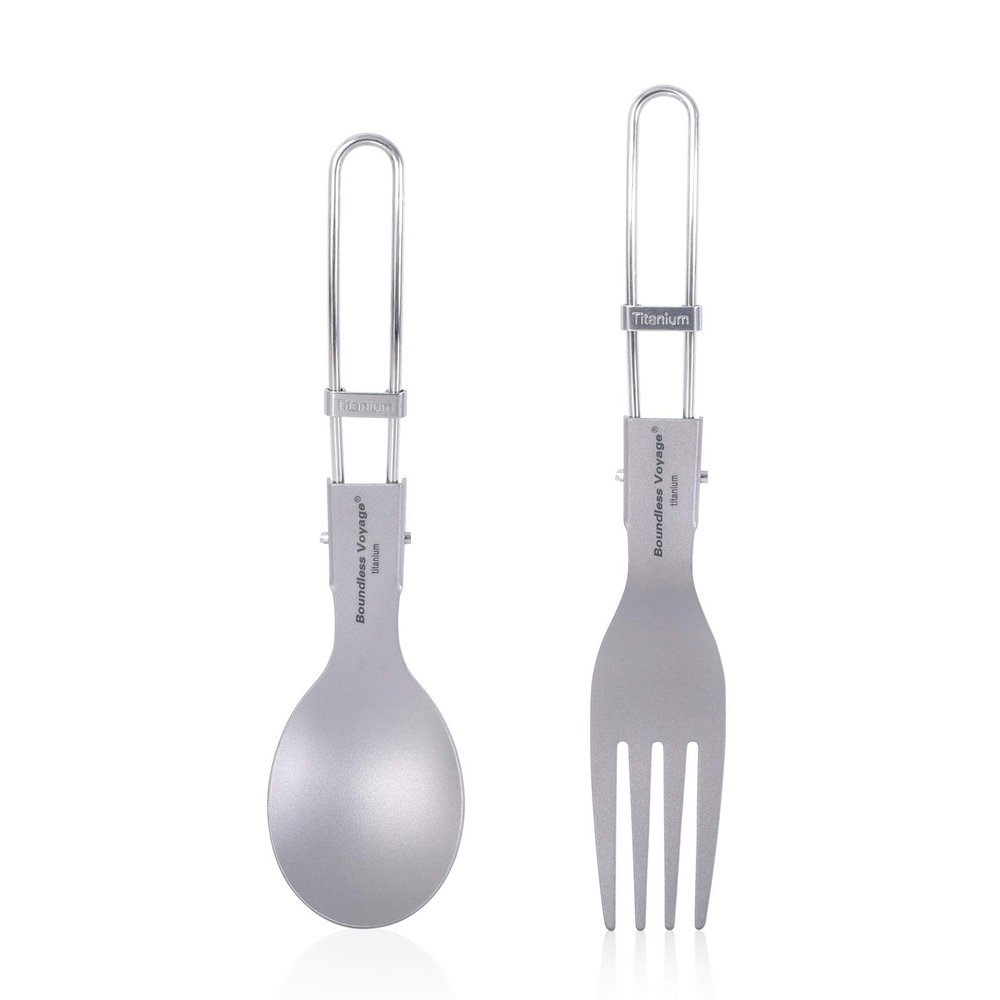 iBasingo Titanium Folding Spoon & Fork Set Outdoor Camping Travel Utensils Ultralight Portable Dinnerware for Picnic Hiking Home use Ti1024T
