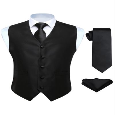 HISDERN Men's Vests Dress Solid Suit Vest for Men 3pc Waistcoat & Tie and Pocket Square Black Vest Suit Tuxedo Set Wedding Party