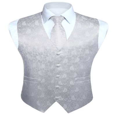 HISDERN Men's 3pc Paisley Vest Suit & Necktie and Pocket Square Set Floral Jacquard Waistcoat for Tuxedo Wedding Party White