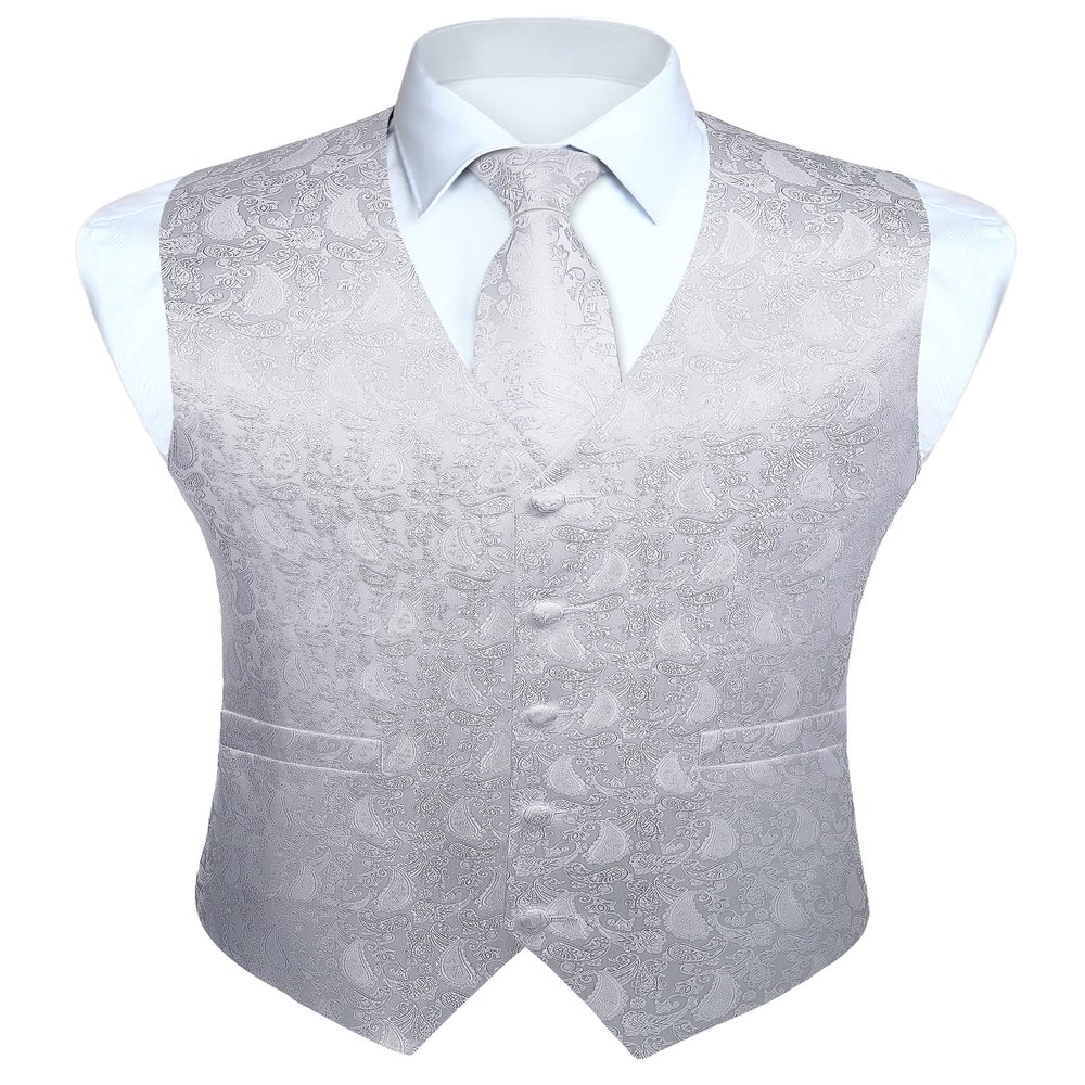 HISDERN Men's 3pc Paisley Vest Suit & Necktie and Pocket Square Set Floral Jacquard Waistcoat for Tuxedo Wedding Party White