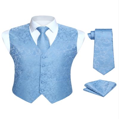 HISDERN 3pc Men's Paisley Floral Jacquard Vest Suit & Necktie and Pocket Square Set Waistcoat for Tuxedo Wedding Party