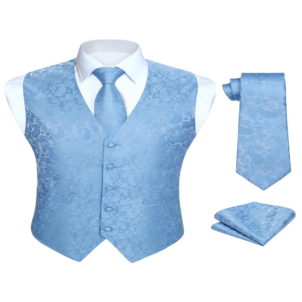 HISDERN 3pc Men's Paisley Floral Jacquard Vest Suit & Necktie and Pocket Square Set Waistcoat for Tuxedo Wedding Party