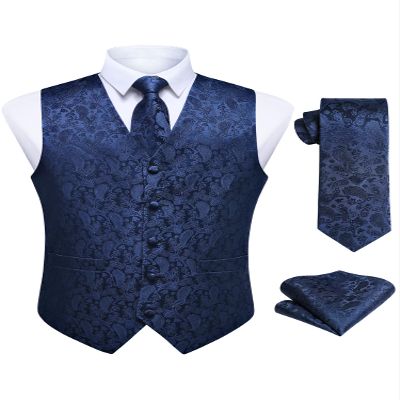HISDERN 3pc Men's Paisley Floral Jacquard Vest Suit & Necktie and Pocket Square Set Waistcoat for Tuxedo Wedding Party