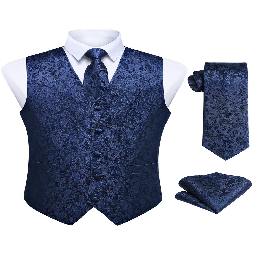 HISDERN 3pc Men's Paisley Floral Jacquard Vest Suit & Necktie and Pocket Square Set Waistcoat for Tuxedo Wedding Party