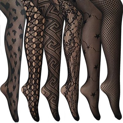6 Pairs Of Women's Tights Mesh Seamless Leggings Pattern Elastic Black Comfort Fit -