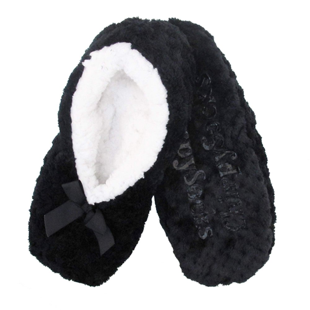 BambooMN Adult Super Soft Warm Cozy Fuzzy Soft Touch Slippers Non-Slip Lined Socks, Black, Large 1 Pair