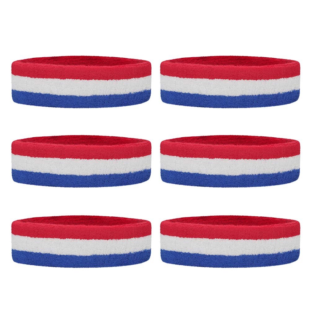 GOGO 6 Pieces Sports Headbands Terry Cloth Sweat Absorbing Head Band-Red/White/Blue