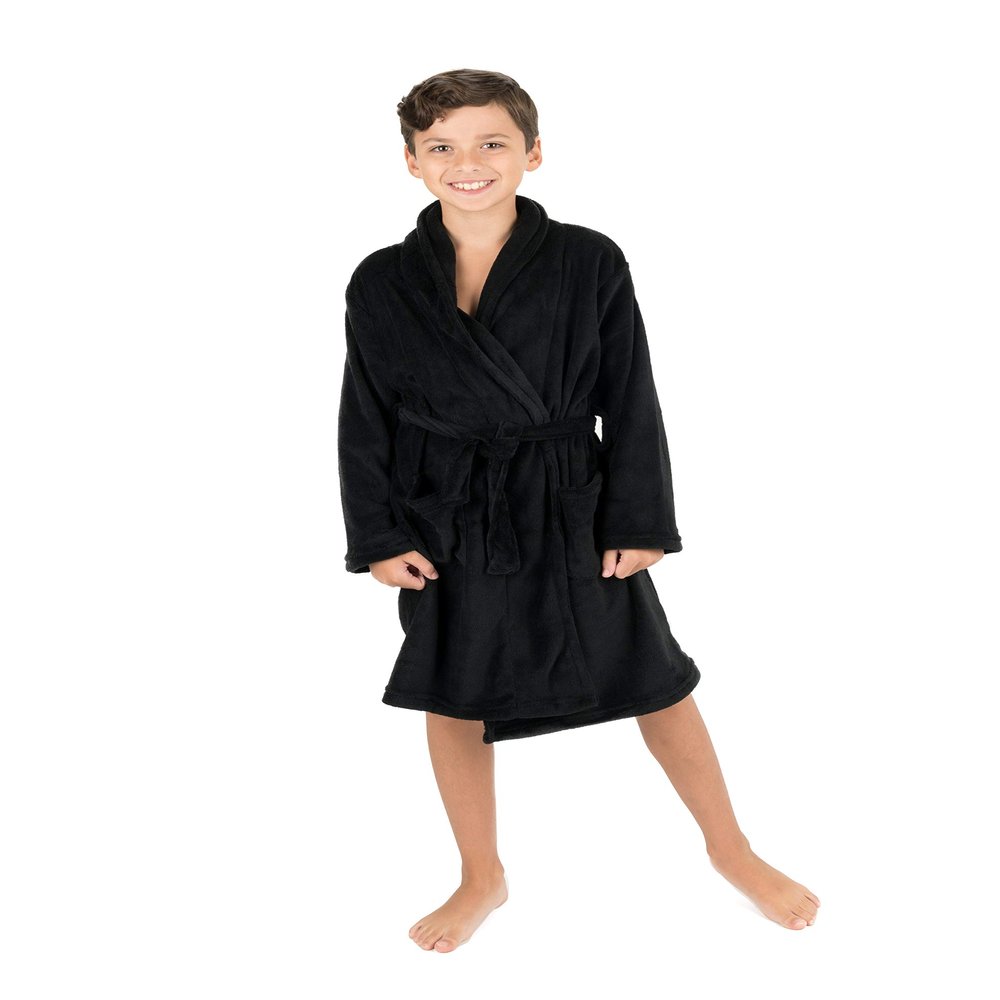 Leveret Kids Robe Boys Girls Bathrobe Shawl Collar Fleece Sleep Robe Black Size 10 Years