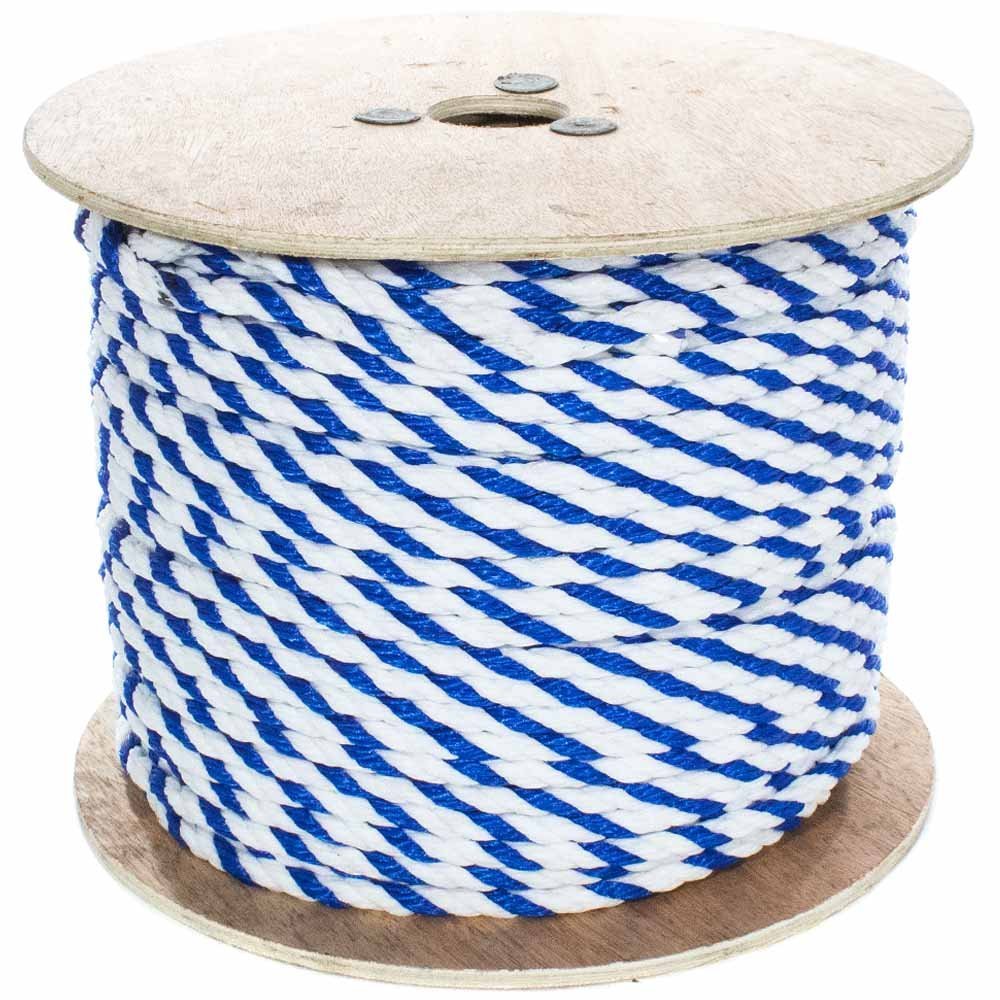 West Coast Paracord Twisted 3 Strand Polypropylene Rope (White and Blue, 3/4 Inch, 250 Feet) - Waterproof and Floats in Water