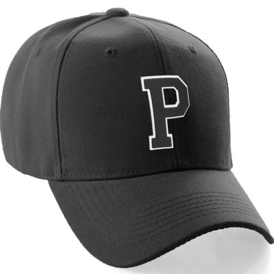 Classic Baseball Hat Custom A to Z Initial Team Letter, Black Cap White Black Letter P