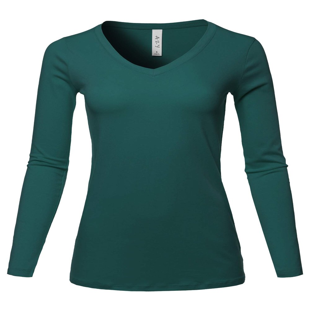 A2Y Basic Solid Soft Cotton Long Sleeve V-Neck Top T-Shirt, Yawtel0001 Hunter Green, Small