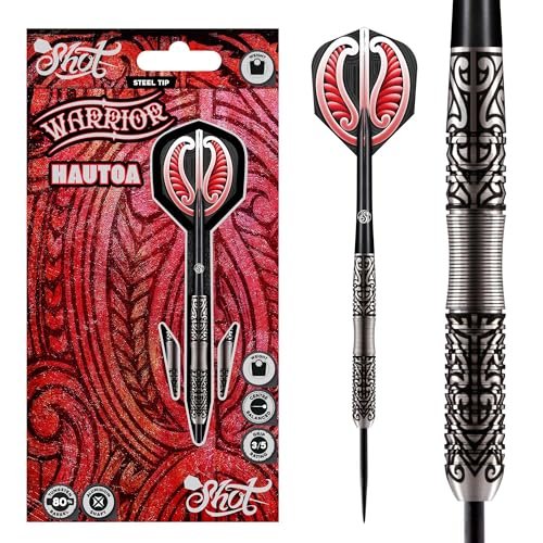 Shot Darts Steel Tip, Warrior Hautoa (22g/24g/26g), 80% Tungsten, Center Balanced with Secure Grips, Handcrafted Professional Dart Set and Flights Made in New Zealand, Metal Tip Bar Darts for Adults