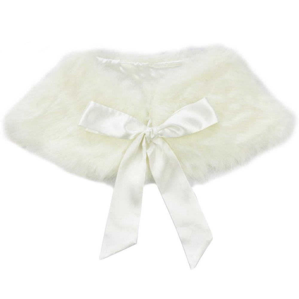 ACSUSS Toddlers Kids Girls Faux Fur Shawl Wraps Cape Ribbon Ties Bolero Shrug Wedding Communion Flower Dress Cover Up Beige One Size