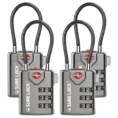 SURE LOCK TSA Approved Luggage Locks with Open Alert Indicator, 3 Digit Combination Cable Travel Lock for Suitcase, Backpack, Gym Locker, Toolbox & Travel Bag(Grey 4 Pack)