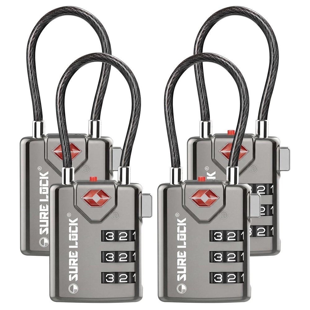 SURE LOCK TSA Approved Luggage Locks with Open Alert Indicator, 3 Digit Combination Cable Travel Lock for Suitcase, Backpack, Gym Locker, Toolbox & Travel Bag(Grey 4 Pack)