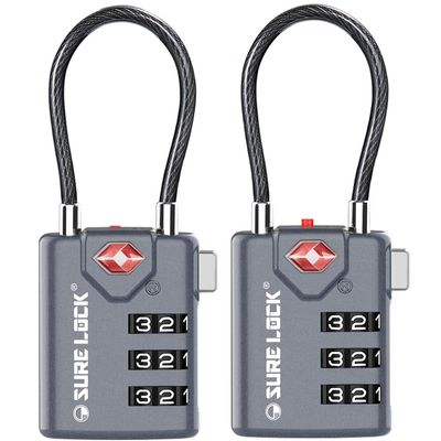 SURE LOCK TSA Approved Combination Luggage Locks with Open Alert Indicator Durable Zinc Alloy Cable Travel Locks with Large Easy-Read Dials for Suitcases, Backpacks & Gym Bags(Grey 2 Pack)