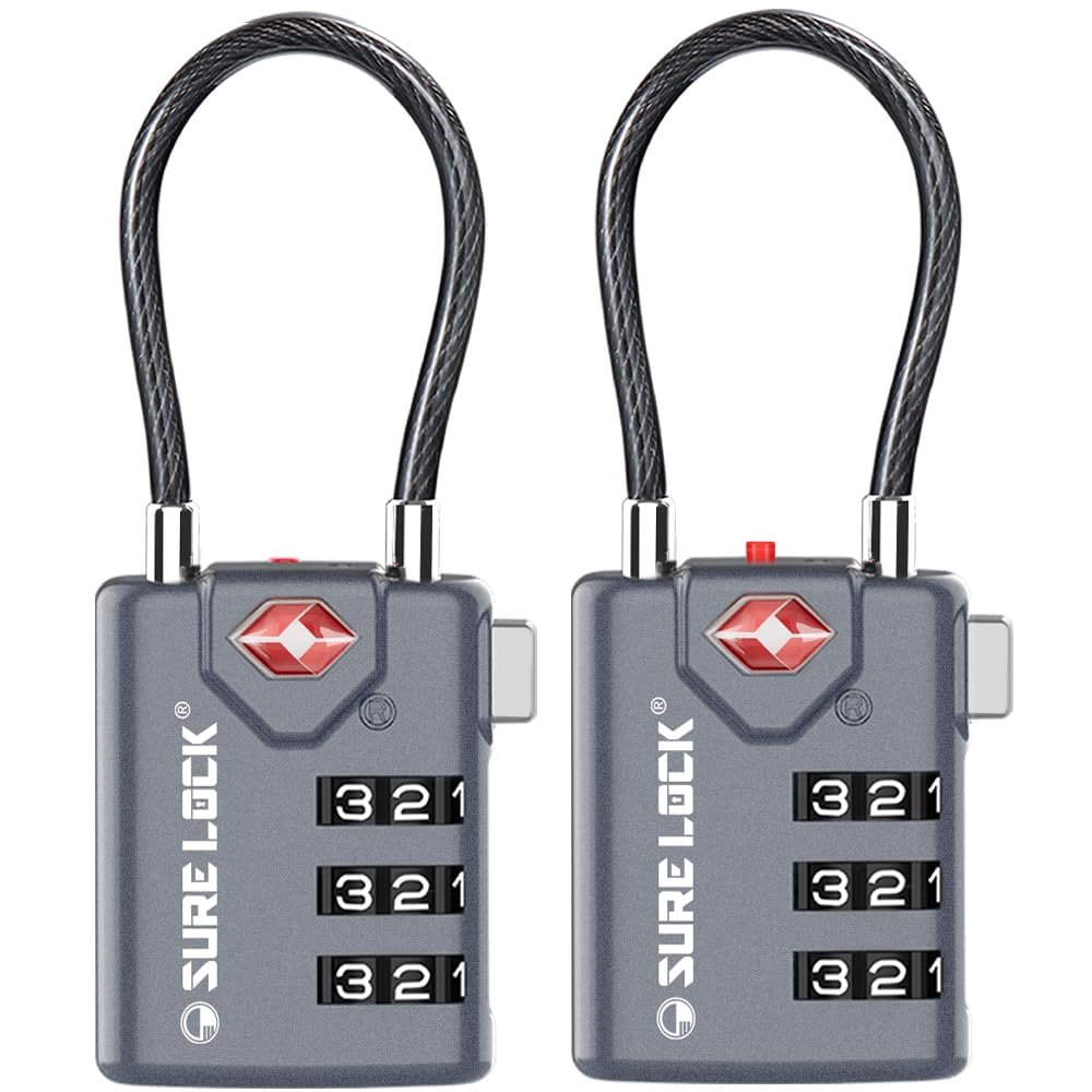 SURE LOCK TSA Approved Combination Luggage Locks with Open Alert Indicator  Durable Zinc Alloy Cable Travel Locks with Large Easy-Read Dials for Suitcases, Backpacks & Gym Bags(Grey 2 Pack)