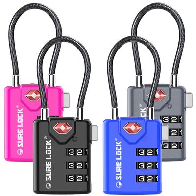 SURE LOCK TSA Approved Combination Luggage Locks with Open Alert Indicator Durable Zinc Alloy Cable Travel Locks with Large Easy-Read Dials for Suitcases, Backpacks & Gym Bags Four Colour